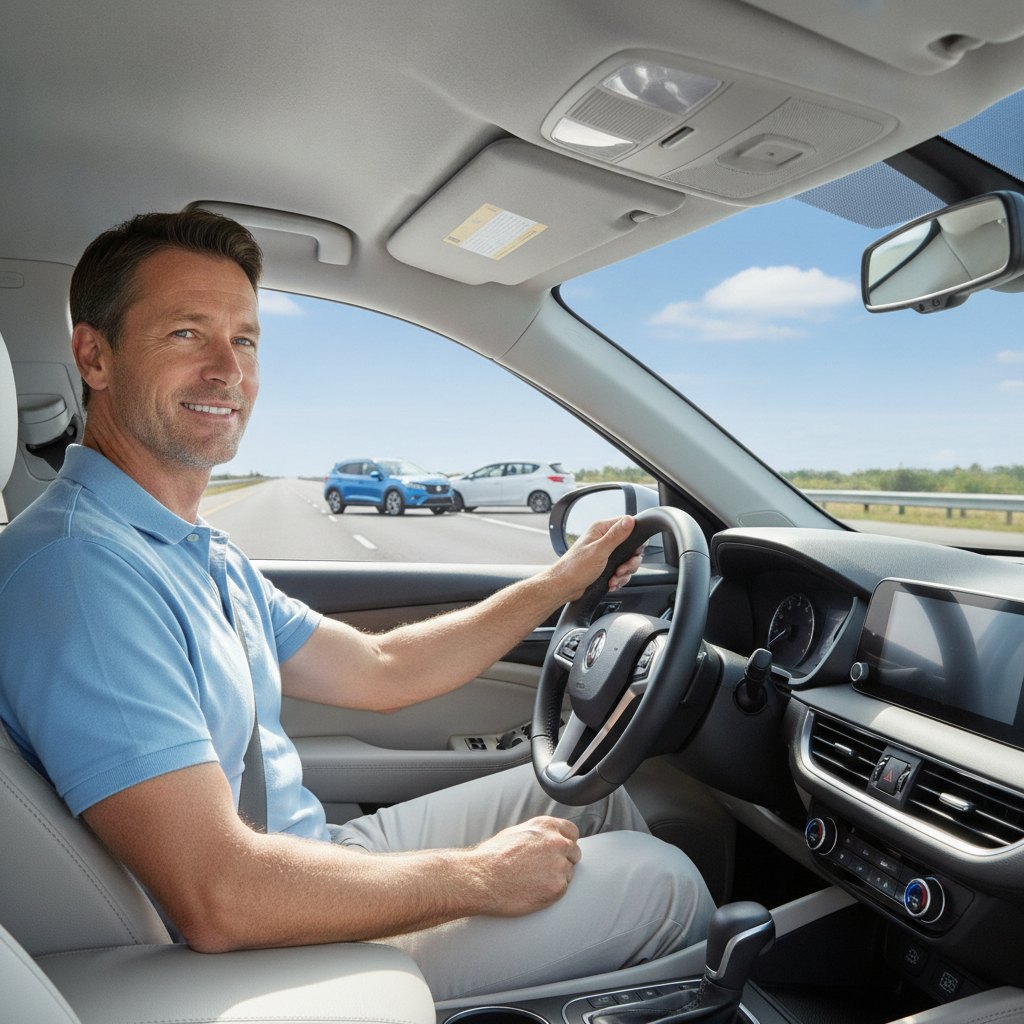 A confident, relaxed driver behind the wheel of a clean modern car in bright daylight